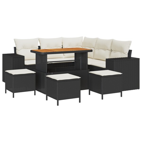 Ensemble de canapé de jardin de 9 pièces avec coussins noir polyrotin acacia