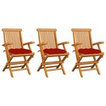 vidaXL Chaises de jardin avec coussins rouge 3 Pièces Bois de teck massif