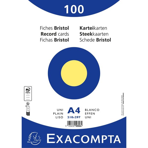 Paquet 100 Fiches Sous Film - Bristol Uni Non Perforé 210x297mm - Jaune - X 10 - Exacompta
