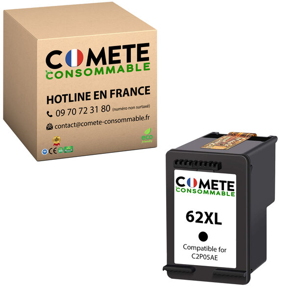 COMETE, PME Française - 62XL - 1 Cartouche d'encre Noire Compatible avec HP 62 XL (C2P05AE + C2P07AE) - (1 Noir)