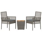 Ensemble Bistro de Jardin 3 Pièces avec Coussins Gris en Poly Rattan