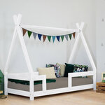 Lit Tipi enfant avec barrière bois massif gris 80 x 180 cm