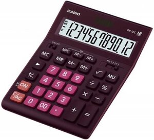 Calculatrice de bureau à 12 chiffres Casio GR-12C - Écran extra-large - Symboles de commande de fonction - Alimentation solaire et par batterie - Couleur bordeaux
