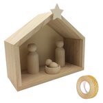 Crèche bois + pions 18 x 8 x 15 cm + masking tape doré à paillettes 5 m
