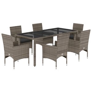 vidaXL Ensemble à manger de jardin et coussins 7 Pièces gris rotin verre