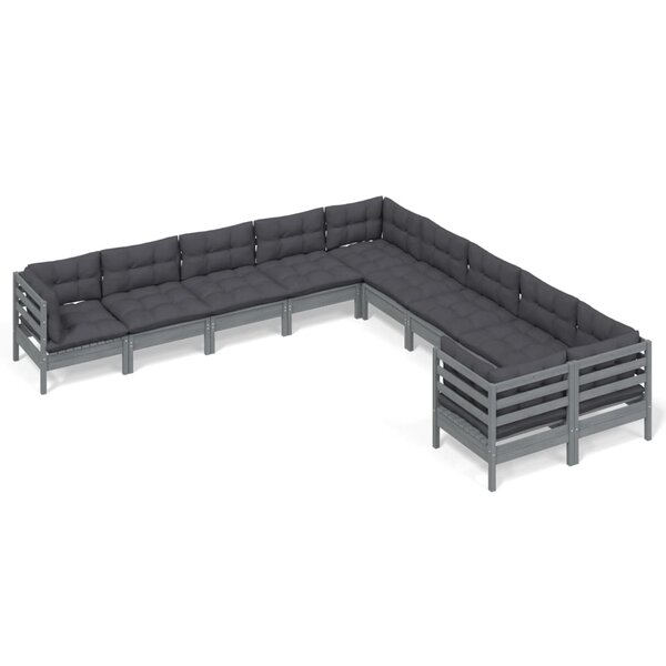 vidaXL Salon de jardin 10 Pièces avec coussins gris bois de pin