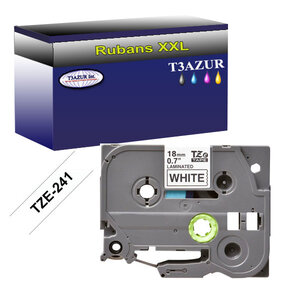 Ruban pour étiquettes laminées génériques Brother Tze-241 pour étiqueteuses P-touch - Texte noir sur fond blanc - Largeur 18 mm x 8 mètres - T3AZUR