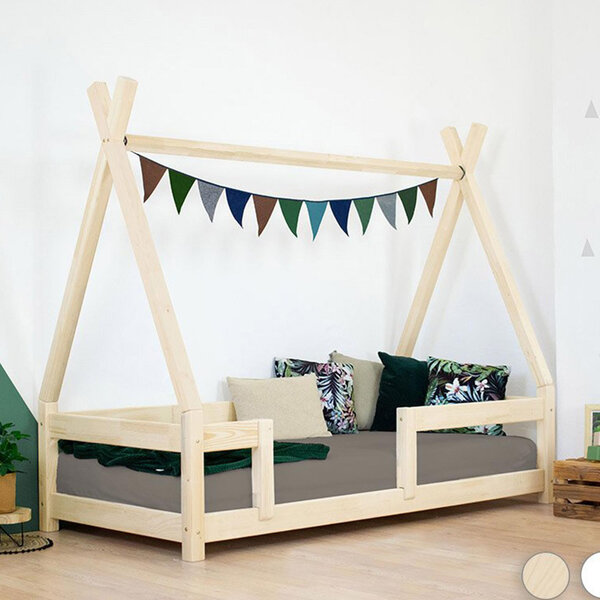 Lit Tipi enfant avec barrière bois massif naturel vernis 120 x 200 cm