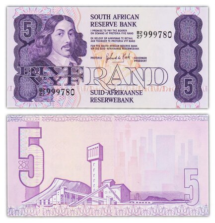Billet de collection 5 rand 1978-1997 afrique du sud - neuf - p119c - 1984