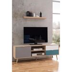 Meuble TV scandinave - chêne  gris  blanc  bleu pétrole - 1 Porte - 150 x 40 x Hauteur 51 cm