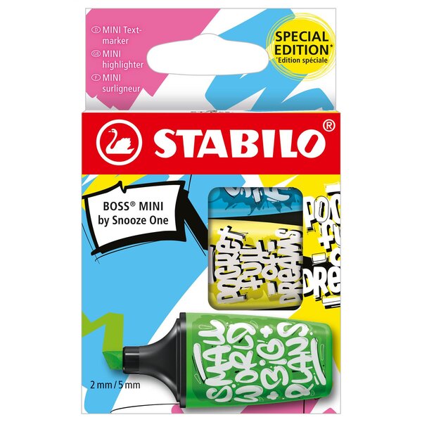 3 surligneurs BOSS MINI by Snooze One vert + jaune + bleu STABILO