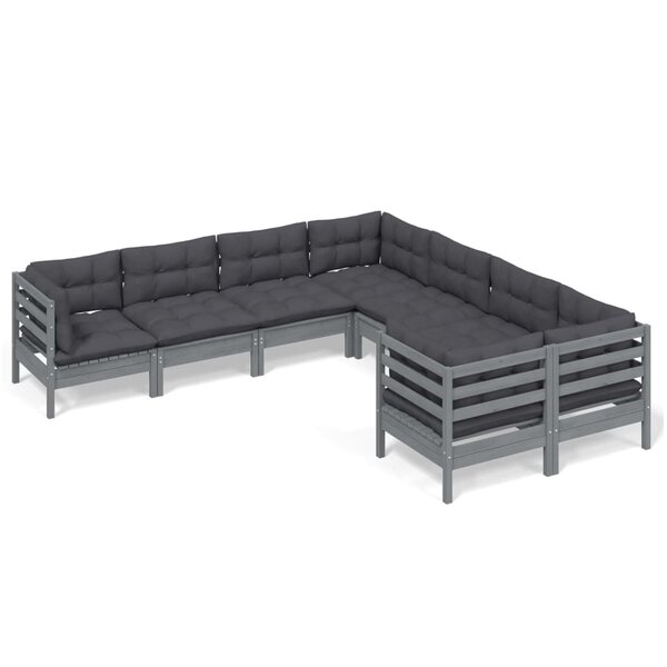 vidaXL Salon de jardin 8 Pièces avec coussins Gris Bois de pin massif