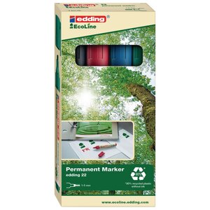 Marqueur permanent 22, Pointe biseautée 5 mm - Coloris assortis : noir, rouge, bleu et vert - Pochette de 4 (paquet 4 unités)