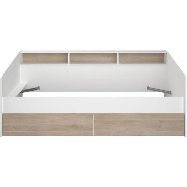 Lit banquette 2 tiroirs 90 x 200/190 cm - Mat chêne et blanc
