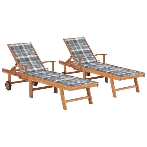 vidaXL Chaises longues lot de 2 avec coussin carreaux gris Teck solide