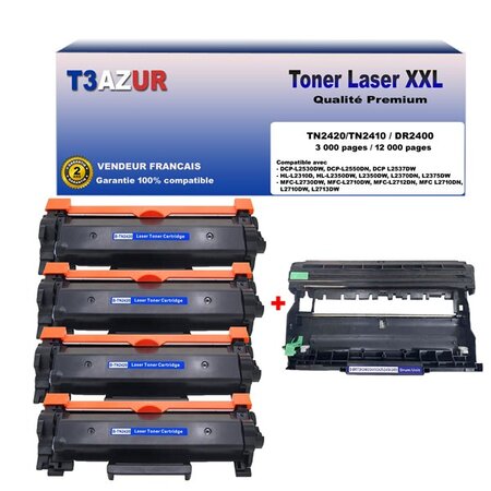 4 Toners Laser compatibles pour Brother HL L2310D, HL L2350DW, TN2420 - 3  000 pages - T3AZUR