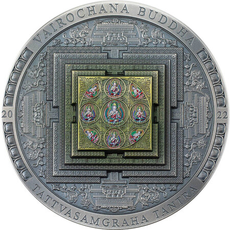 Pièce de monnaie en Argent 2000 Togrog g 93.3 (3 oz) Millésime 2022 Archeology Symbolism VAIROCHANA BUDDHA MANDALA