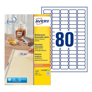 Étiquettes multi-usage amovibles toutes les imprimantes, 35,6 x 16,9 mm, 25 feuilles, 80 étiquettes par feuille, auto-adhésives, blanc (paquet 2000 unités)