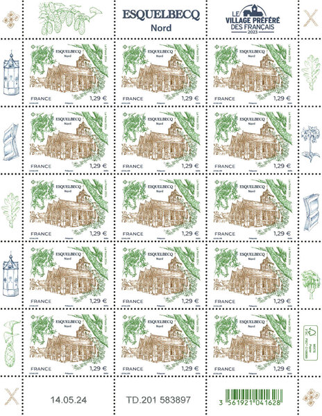 Feuille de 15 timbres - Village préféré des français 2023 - Esquelbecq - Lettre verte