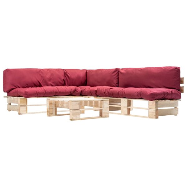 vidaXL Salon de jardin palette 4 Pièces avec coussins rouge bois