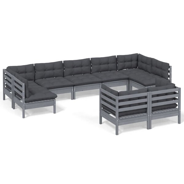 vidaXL Salon de jardin 9 Pièces avec coussins Gris Bois de pin massif
