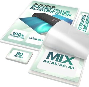 ACROPAQ 100 Pochettes de Plastification (20 x A4 A5 A6 40 x A8) 80 mic- 100 feuilles de Plastification Différentes tailles- bord arrondi