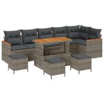 Canapé de jardin de 10 pièces avec coussins gris poly rotin acacia