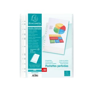 Sachet De 50 Pochettes Perforées Polypropylène Grainé 5/100e - A4 - Cristal - X 20 - Exacompta