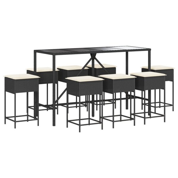 vidaXL Ensemble de bar de jardin 9 Pièces avec coussins noir poly rotin