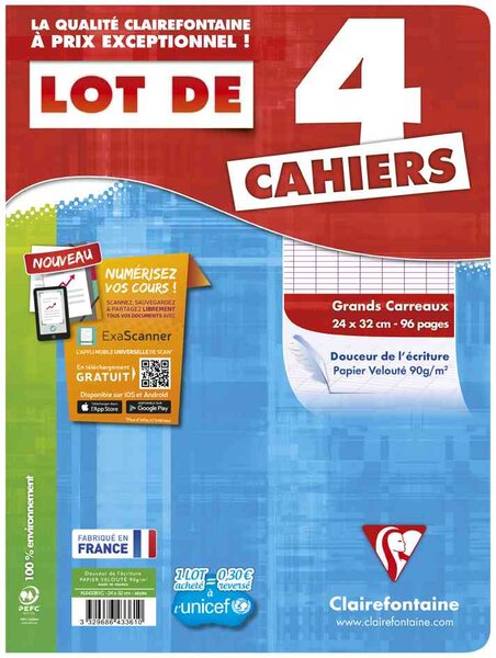 Lot de 4 Cahiers piqûés 24 x 32 cm 96 pages Séyès 90g Velouté Assortis CLAIREFONTAINE