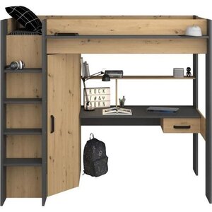 Lit combiné mezzanine enfant chêne et gris - Sommier inclus - 90 x 200 cm