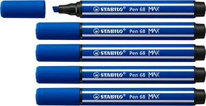 LOT de 5 Marqueur Stabilo Pen 68 MAX - Pointe en fibre biseautée - Course entre 1 et 5 mm environ. - Encre à base d'eau - Couleur bleu marine