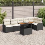 Canapés de jardin 7 pièces avec coussins noir poly rattan acacia