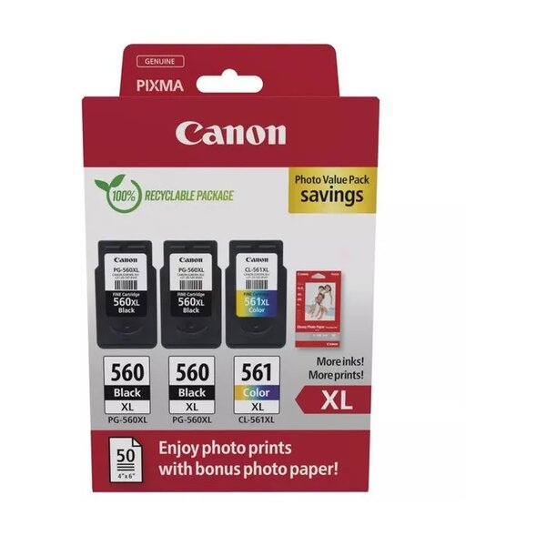 Pack de 3 cartouches d'encre 3712C012 Noir et couleurs Marque Canon + 50 Papier photo (3712C012)