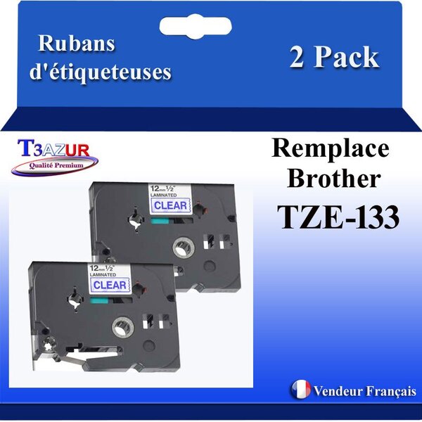 2x Rubans d'étiqueteuses compatibles avec Brother Tze133 Tze-133 pour étiqueteuses P-touch - Texte bleu sur fond transparent - Largeur 12 mm x 8 mètres