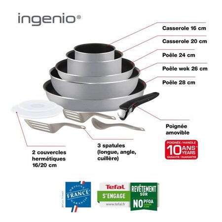 TEFAL L21496AZ Ingenio Essential Batterie de cuisine 10 pièces, 3 poêles, 2  casseroles, 1 wok, 2 couvercles, Spatule, Poignée - Cdiscount Maison