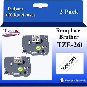 2x Rubans d'étiqueteuses compatibles avec Brother Tze261 Tze-261 pour étiqueteuses P-touch - Texte noir sur fond blanc - Largeur 36 mm x 8 mètres - T3AZUR