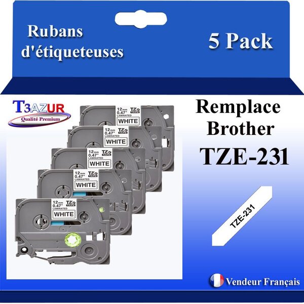 5x Rubans d'étiqueteuses compatibles avec Brother Tze231 Tze-231 pour étiqueteuses P-touch - Texte noir sur fond blanc - Largeur 12 mm x 8 mètres - T3AZUR