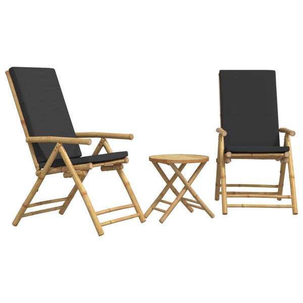 vidaXL Ensemble de bistro pliante 3 Pièces et coussins gris foncé bambou