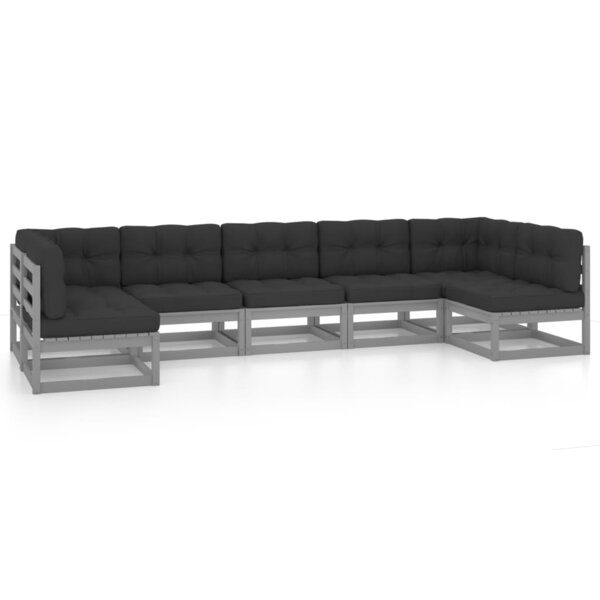 Salon de jardin meuble d'extérieur ensemble de mobilier 7 pièces avec coussins gris bois de pin massif 02_0017188