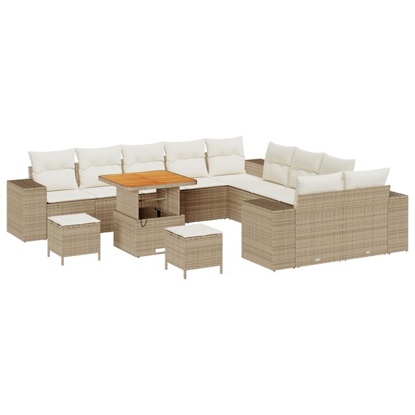 Ensemble de Canapé de Jardin 13 Pièces avec Coussins Beige Poly Rattan Acacia