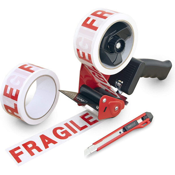 Pack 2 rubans emballage tesa fragile 66m x 50mm + 1 dévidoir + 1 cutter