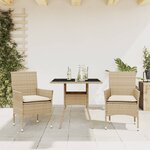 vidaXL Ensemble à manger de jardin et coussins 3 Pièces beige rotin verre