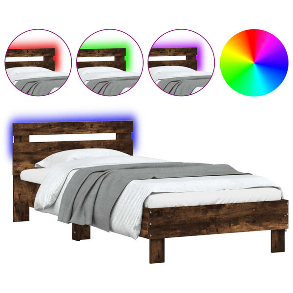 vidaXL Cadre de lit tête de lit et lumières LED chêne fumé 90x190 cm