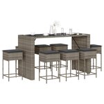 vidaXL Ensemble de bar de jardin 9 Pièces avec coussins gris poly rotin