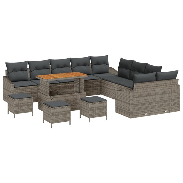 Canapé de jardin 14 pièces avec coussins gris poly rotin acacia