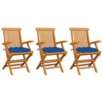 vidaXL Chaises de jardin avec coussins bleu 3 Pièces Bois de teck massif