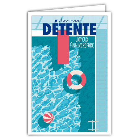 Carte Joyeux Anniversaire avec Enveloppe - Mini Posters Format 17x11 5cm - Journée Détente Ballon Plongeoir Bouée Piscine Natation Rétro Vintage - Fabriquée en France