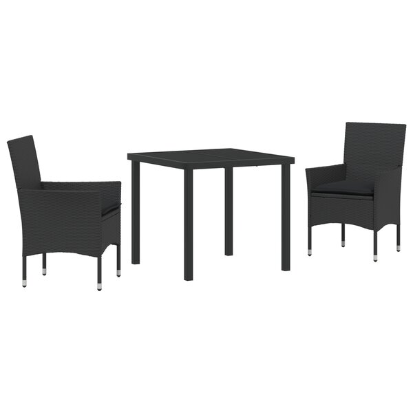 Ensemble de salle à manger jardin 3 pièces avec coussins en rotin poly noir