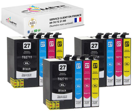 27xl - 12 cartouches 27 xl compatibles avec epson 27 xl réveil -  c13t27154010 t2711 t2712 t2713 t2714 t2715 - 3 noirs 3 cyan 3 magenta 3 jaunes